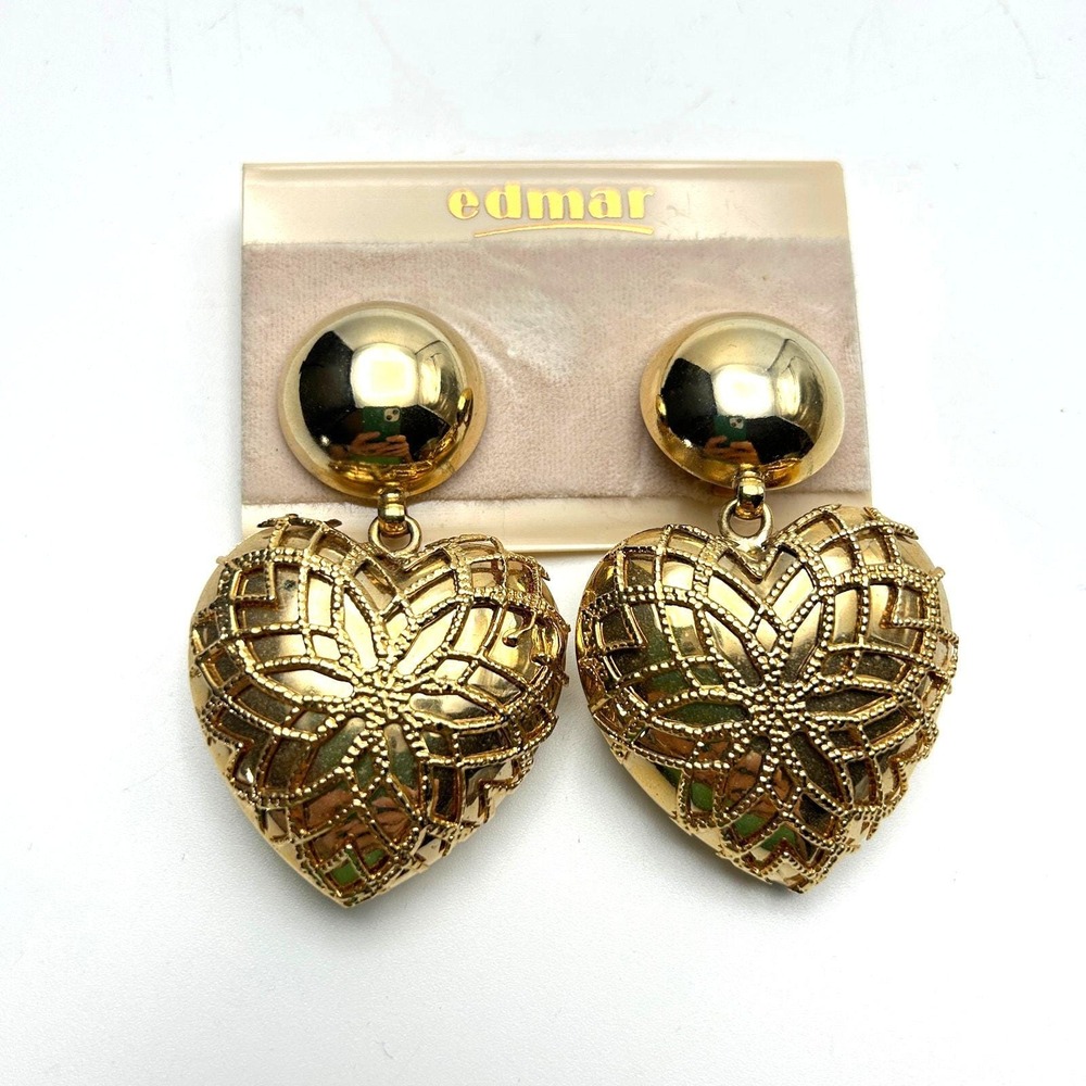 Gold Puffy Heart Clip-On Earrings w/ Filigree Overlay Vintage 80s Statement Glam